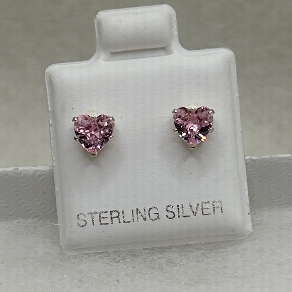 Sterling Silver Pink Heart Shaped Crystal Stud Earrings Dainty Valentines Gift